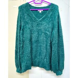 Jingle Bellies Women's Green Fuzzy Knit V-Neck Pullover Sweater Size M